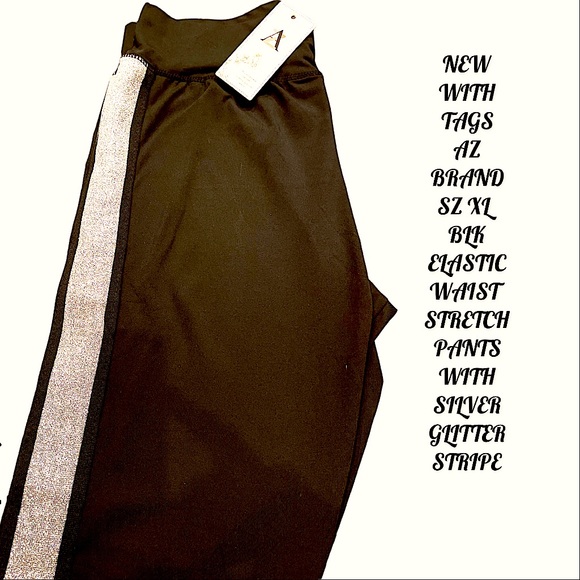 NWT SZ L/XL YOGA PANTS/LEGGINGS BLACK WITH SILVER GLITTERY RACING STRIPE ON SIDE - Picture 3 of 9